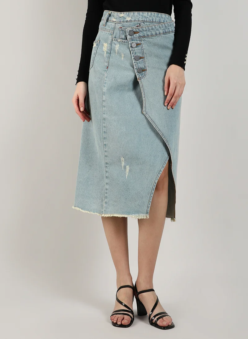كامبوس سوترا Women's Light Blue Asymmetrical Midi Denim Skirt For Casual Wear | Light-Wash | Mid-Rise | Button Closure | Denim Skirt Designed With Comfortable Fit For Woman & Girls